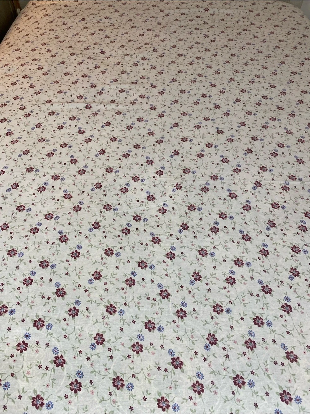 Ivory Floral Cotton Flat Sheet with Burgundy & Blue Blooms 70s Cottagecore